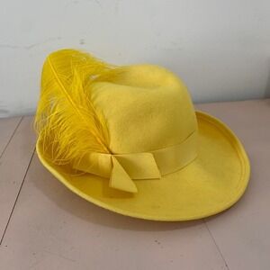 Vintage 1960's classic Bright Yellow felt fedora with feather & bow detai